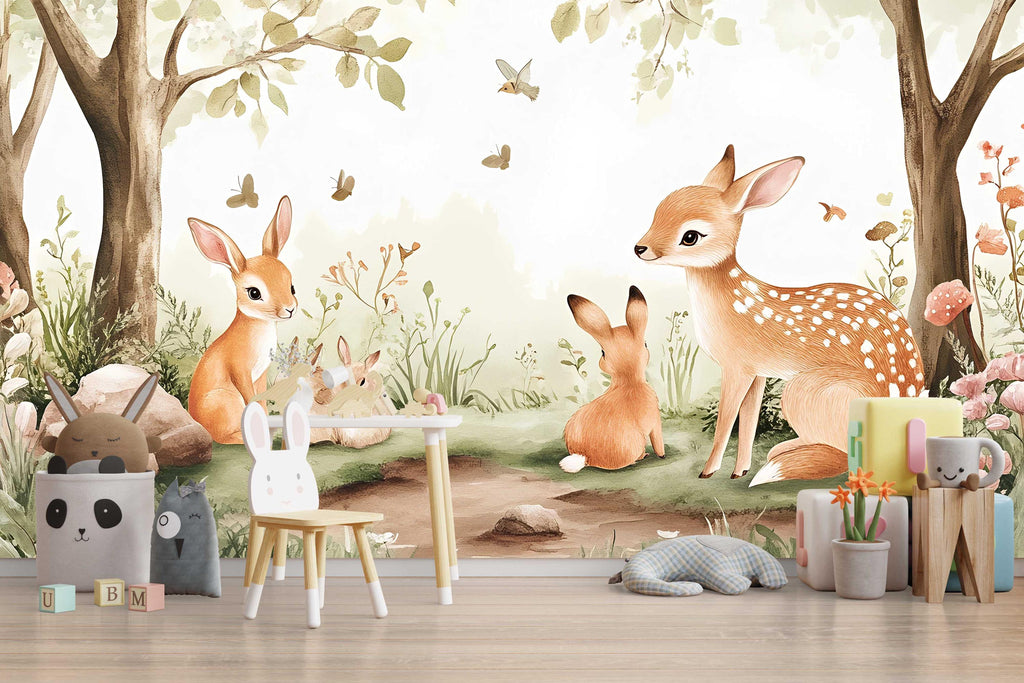 Woodland Deer Bunny Wall Mural – Forest Animal Nursery Wallpaper – Gender Neutral Watercolor Baby Room Decor – Peel and Stick or Non-Woven