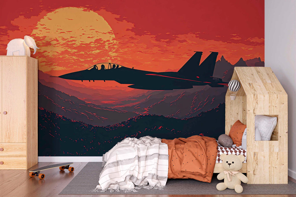 Fighter Jet Sunset Wall Mural – Boys Bedroom Military Plane Wallpaper – Red Sky Aviation Mural – Peel and Stick or Non-Woven Wallpaper
