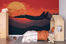 Load image into Gallery viewer, Fighter Jet Sunset Wall Mural – Boys Bedroom Military Plane Wallpaper – Red Sky Aviation Mural – Peel and Stick or Non-Woven Wallpaper