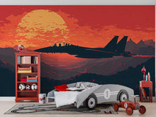 Load image into Gallery viewer, Fighter Jet Sunset Wall Mural – Boys Bedroom Military Plane Wallpaper – Red Sky Aviation Mural – Peel and Stick or Non-Woven Wallpaper