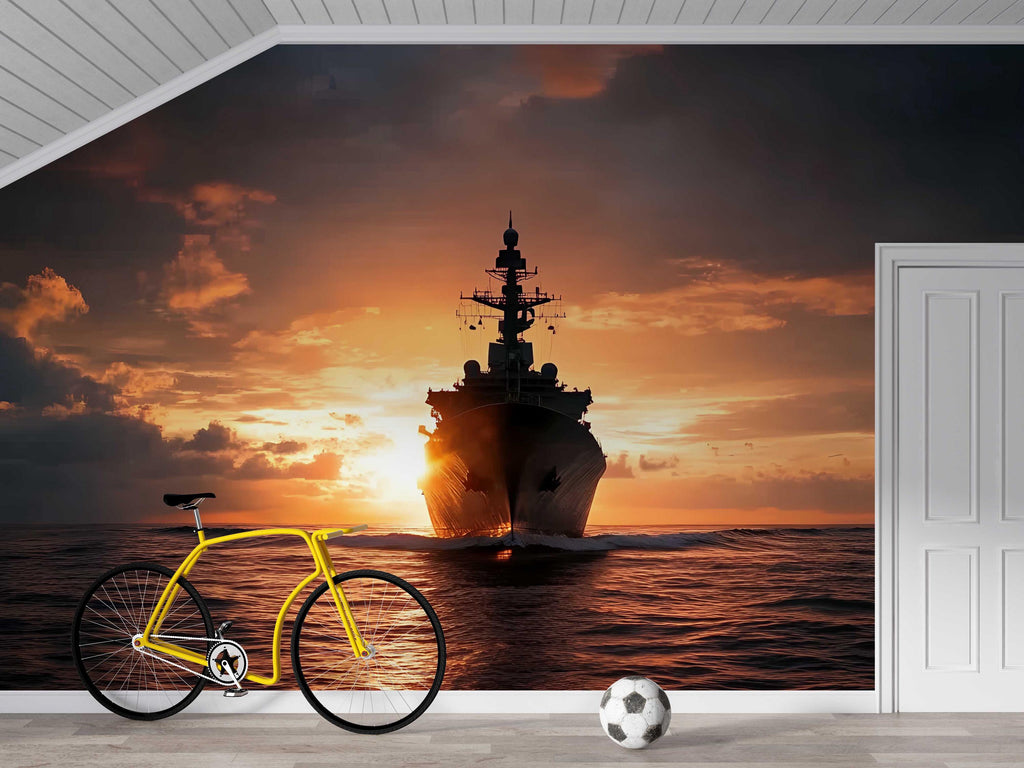 Sunset Battleship Wall Mural – Navy Warship Ocean Wallpaper – Military Room Decor for Boys or Teens – Peel and Stick or Non-Woven Mural
