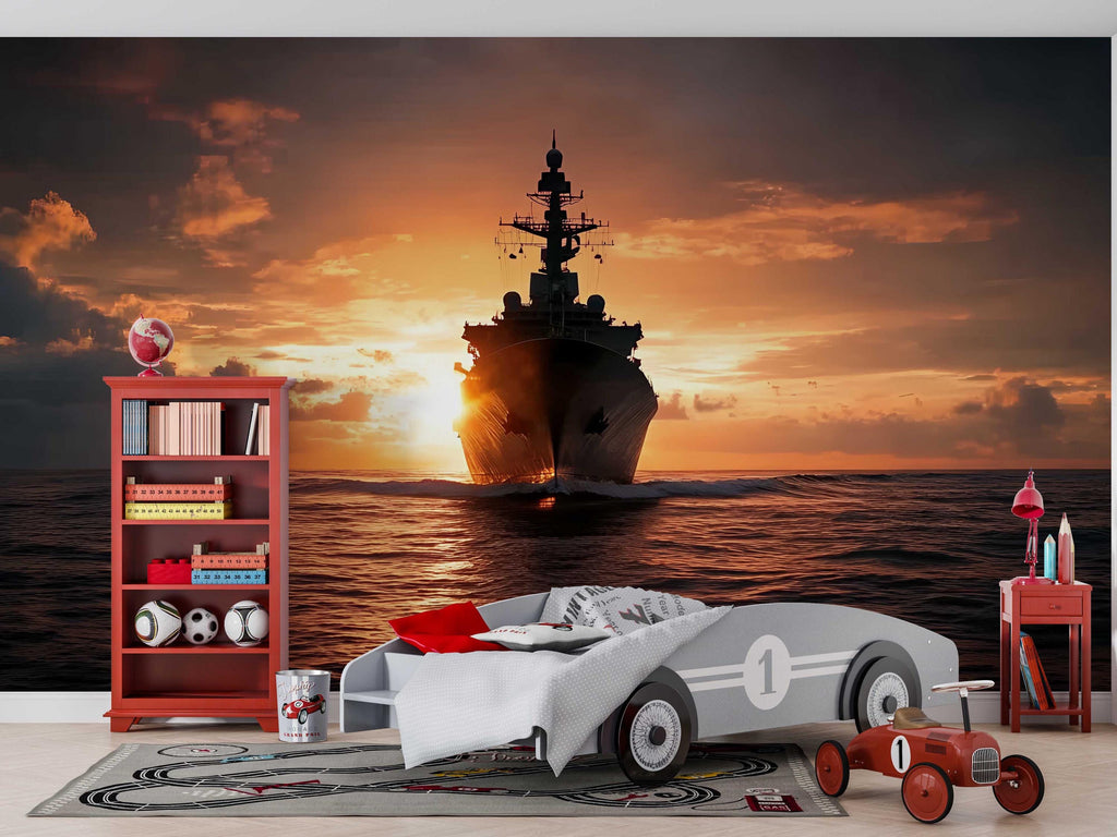Sunset Battleship Wall Mural – Navy Warship Ocean Wallpaper – Military Room Decor for Boys or Teens – Peel and Stick or Non-Woven Mural