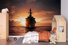 Load image into Gallery viewer, Sunset Battleship Wall Mural – Navy Warship Ocean Wallpaper – Military Room Decor for Boys or Teens – Peel and Stick or Non-Woven Mural