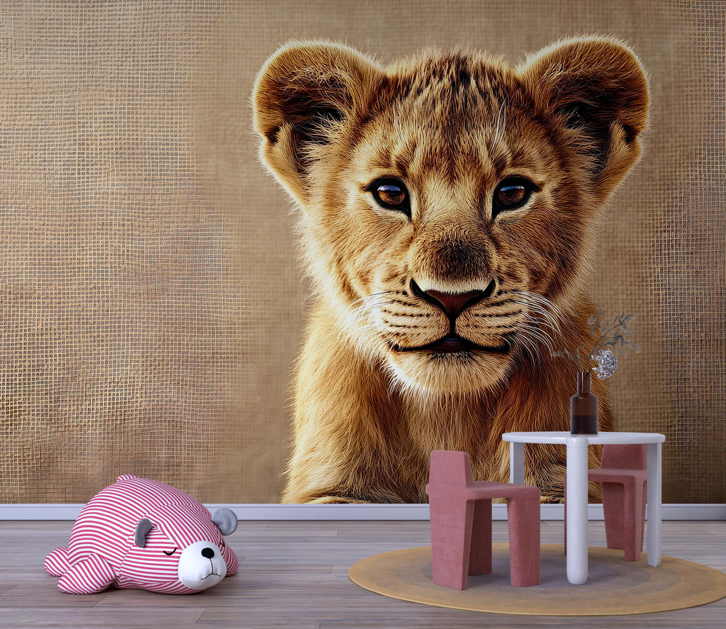 Lion Cub Wall Mural – Safari Nursery Wallpaper – Adorable Baby Lion Jungle Wall Art for Kids' Room – Peel and Stick or Traditional
