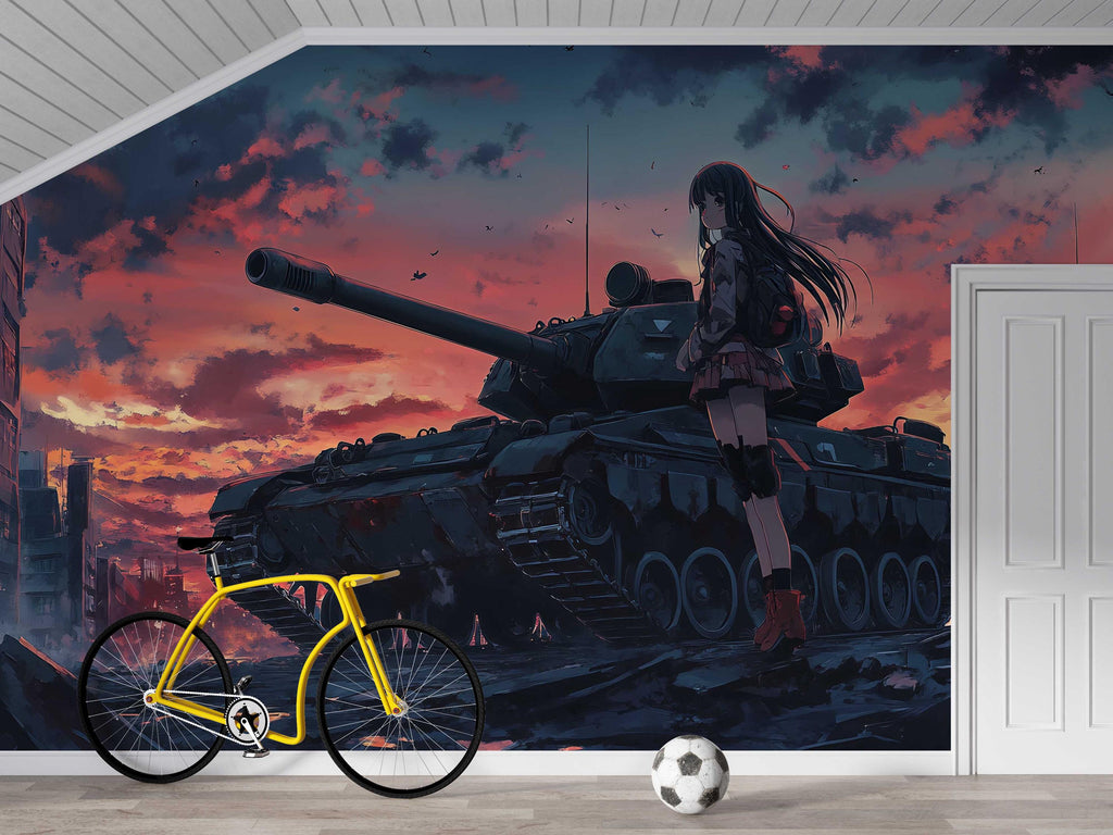 Anime Girl and Tank Wall Mural – Military Anime Room Decor – Dark Sunset Anime Wallpaper – Teen Gaming Room – Peel and Stick or Non-Woven