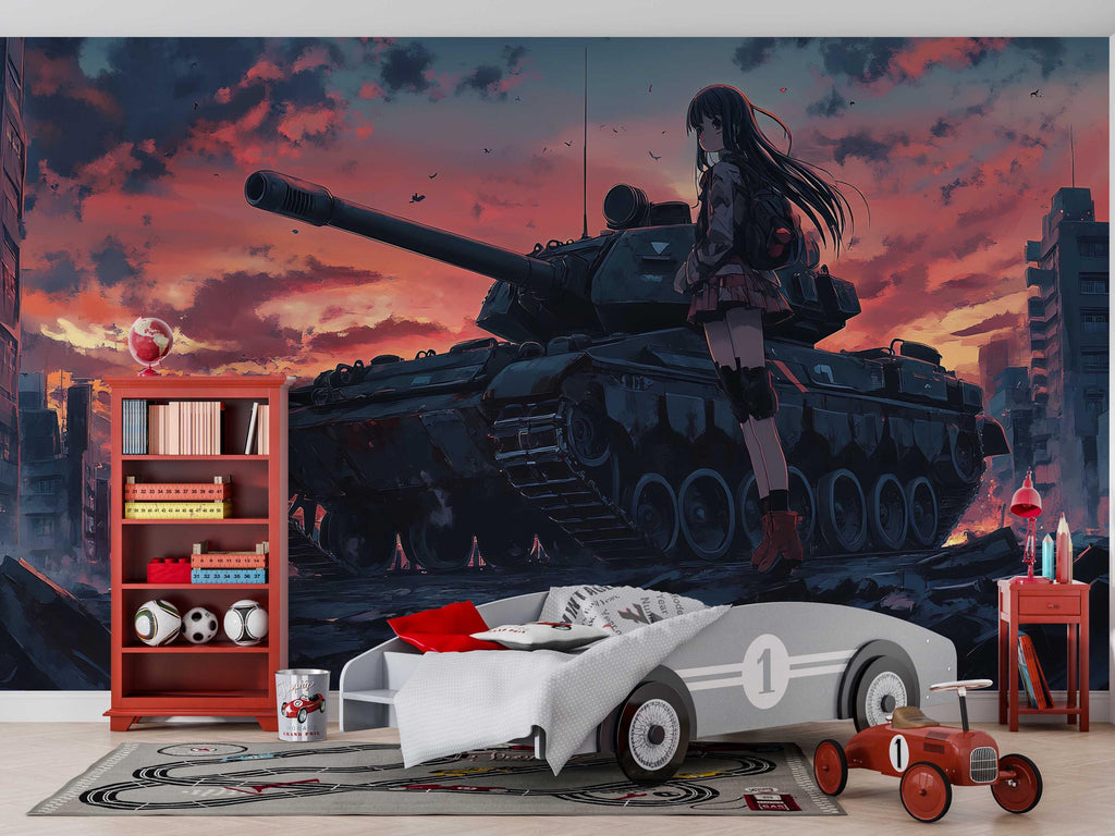 Anime Girl and Tank Wall Mural – Military Anime Room Decor – Dark Sunset Anime Wallpaper – Teen Gaming Room – Peel and Stick or Non-Woven