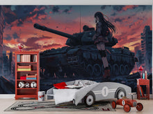 Load image into Gallery viewer, Anime Girl and Tank Wall Mural – Military Anime Room Decor – Dark Sunset Anime Wallpaper – Teen Gaming Room – Peel and Stick or Non-Woven