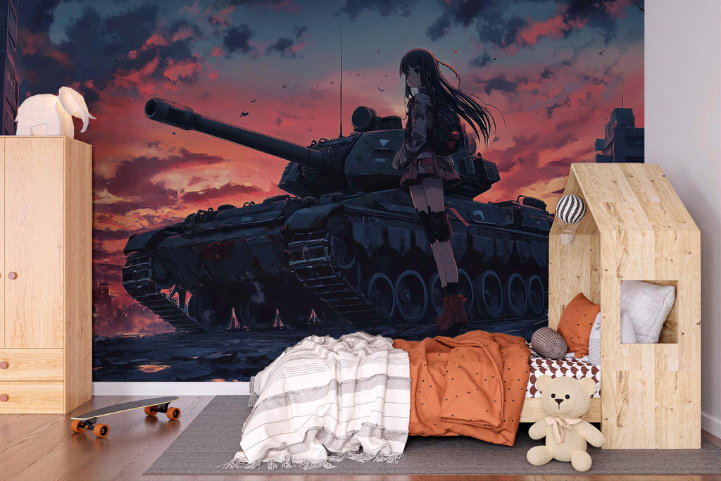 Anime Girl and Tank Wall Mural – Military Anime Room Decor – Dark Sunset Anime Wallpaper – Teen Gaming Room – Peel and Stick or Non-Woven