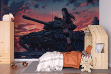 Load image into Gallery viewer, Anime Girl and Tank Wall Mural – Military Anime Room Decor – Dark Sunset Anime Wallpaper – Teen Gaming Room – Peel and Stick or Non-Woven