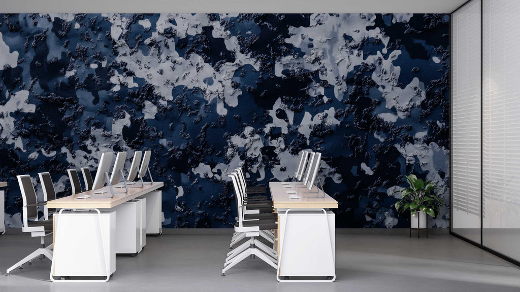 Blue Camo Wall Mural – Urban Digital Camouflage Wallpaper – Industrial Office or Gaming Room Decor – Peel and Stick or Non-Woven