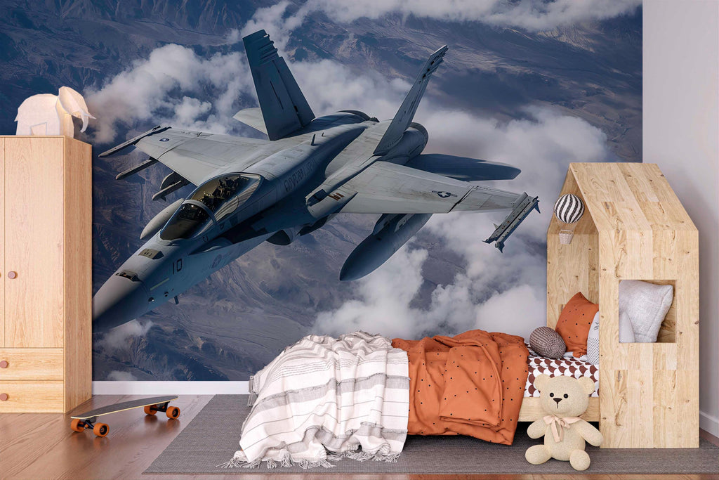 Fighter Jet Wall Mural – Military Aircraft Flying Over Mountains – Aviation Decor for Boys Room – Peel and Stick or Non-Woven Wallpaper