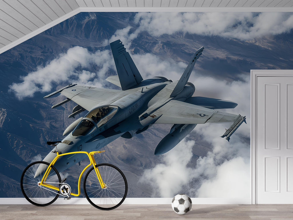 Fighter Jet Wall Mural – Military Aircraft Flying Over Mountains – Aviation Decor for Boys Room – Peel and Stick or Non-Woven Wallpaper