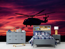 Load image into Gallery viewer, Military Helicopter Sunset Wall Mural – Black Hawk Silhouette Wallpaper – Army Aviation Decor – Peel and Stick or Non-Woven