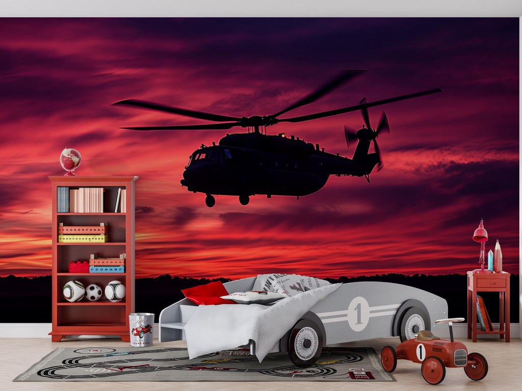 Military Helicopter Sunset Wall Mural – Black Hawk Silhouette Wallpaper – Army Aviation Decor – Peel and Stick or Non-Woven