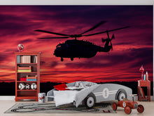 Load image into Gallery viewer, Military Helicopter Sunset Wall Mural – Black Hawk Silhouette Wallpaper – Army Aviation Decor – Peel and Stick or Non-Woven