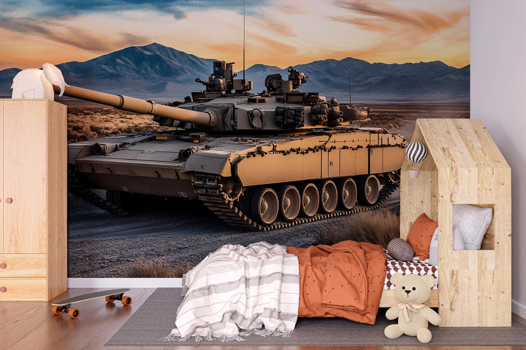 Desert Tank Wall Mural – Realistic Army Tank Wallpaper – Military Boys Room Decor – Peel and Stick or Non-Woven Mural