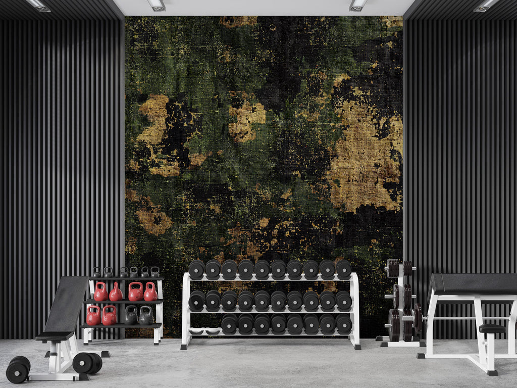 Grunge Camo Wall Mural – Army Camouflage Gym Wallpaper – Industrial Fitness Decor – Peel and Stick or Non-Woven Wall Mural