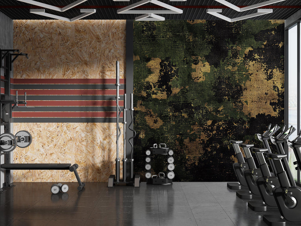 Grunge Camo Wall Mural – Army Camouflage Gym Wallpaper – Industrial Fitness Decor – Peel and Stick or Non-Woven Wall Mural