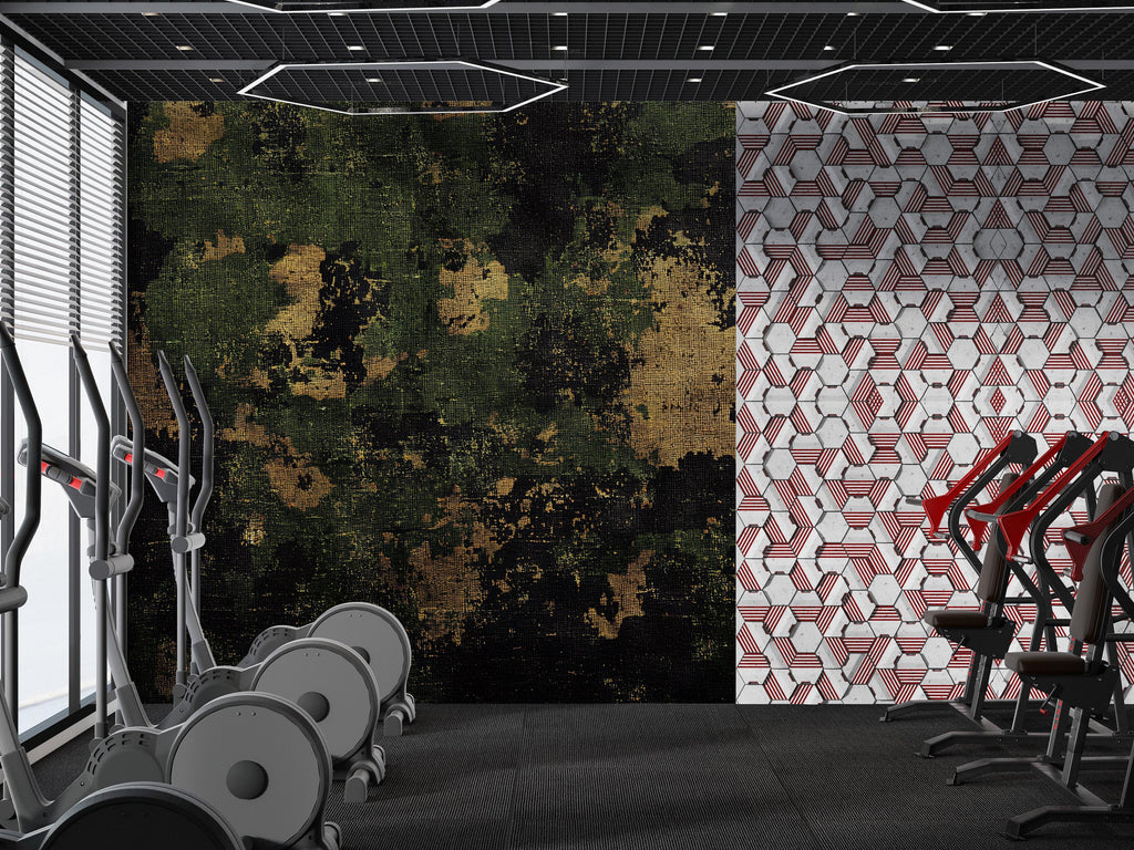 Grunge Camo Wall Mural – Army Camouflage Gym Wallpaper – Industrial Fitness Decor – Peel and Stick or Non-Woven Wall Mural