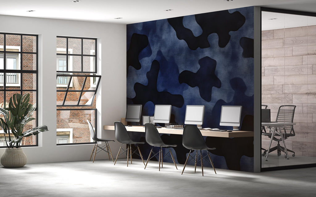Blue Camo Wall Mural – Modern Camouflage Wallpaper for Office or Studio – Urban Digital Decor – Peel and Stick or Non-Woven