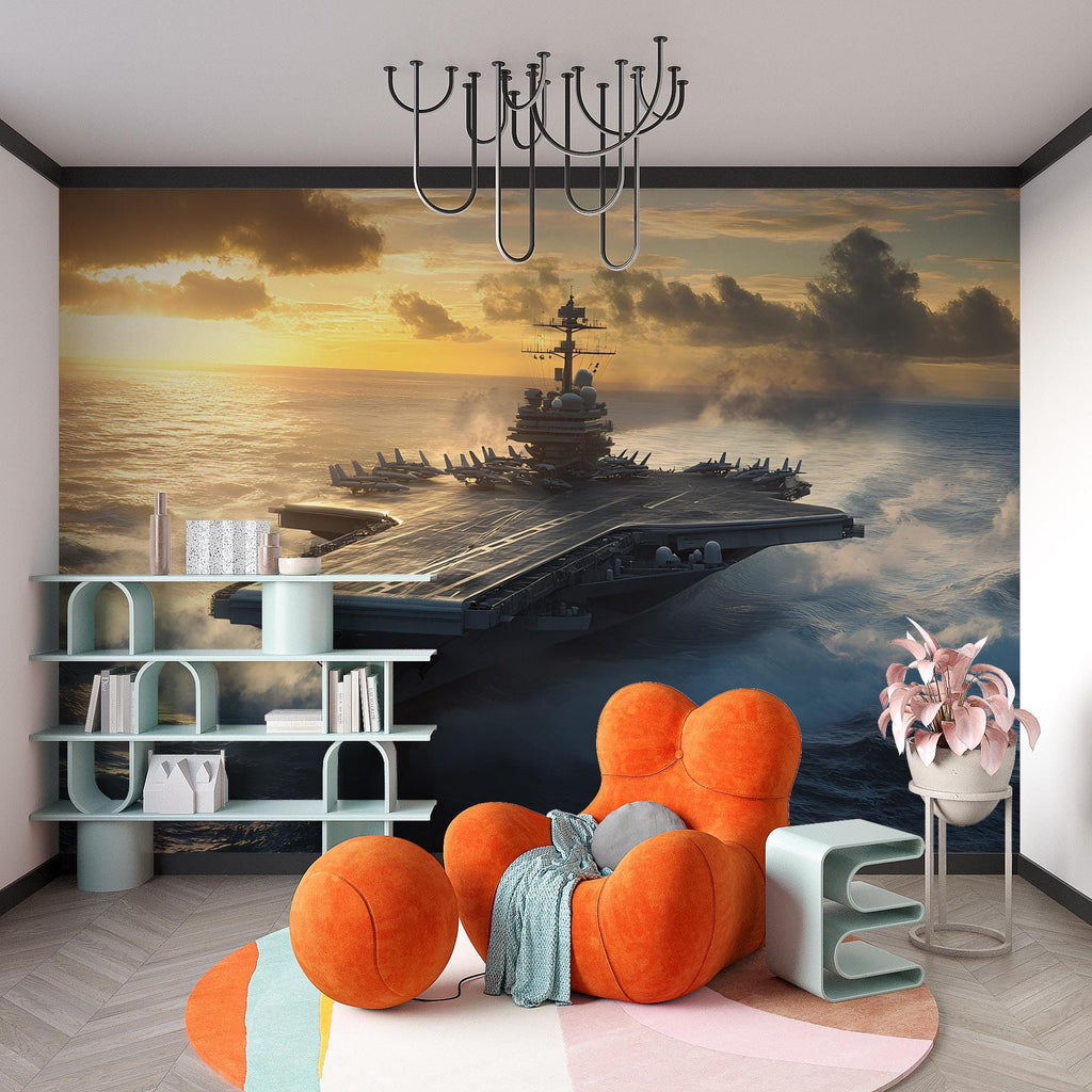 Aircraft Carrier Wall Mural – Navy Warship at Sunrise Wallpaper – Military Boys Room Decor – Peel and Stick or Non-Woven Mural