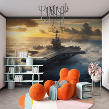 Load image into Gallery viewer, Aircraft Carrier Wall Mural – Navy Warship at Sunrise Wallpaper – Military Boys Room Decor – Peel and Stick or Non-Woven Mural