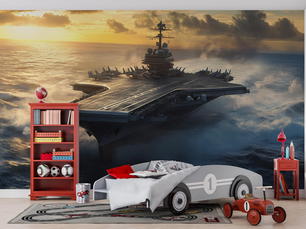 Aircraft Carrier Wall Mural – Navy Warship at Sunrise Wallpaper – Military Boys Room Decor – Peel and Stick or Non-Woven Mural