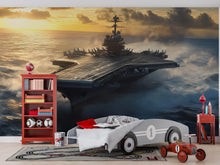 Load image into Gallery viewer, Aircraft Carrier Wall Mural – Navy Warship at Sunrise Wallpaper – Military Boys Room Decor – Peel and Stick or Non-Woven Mural