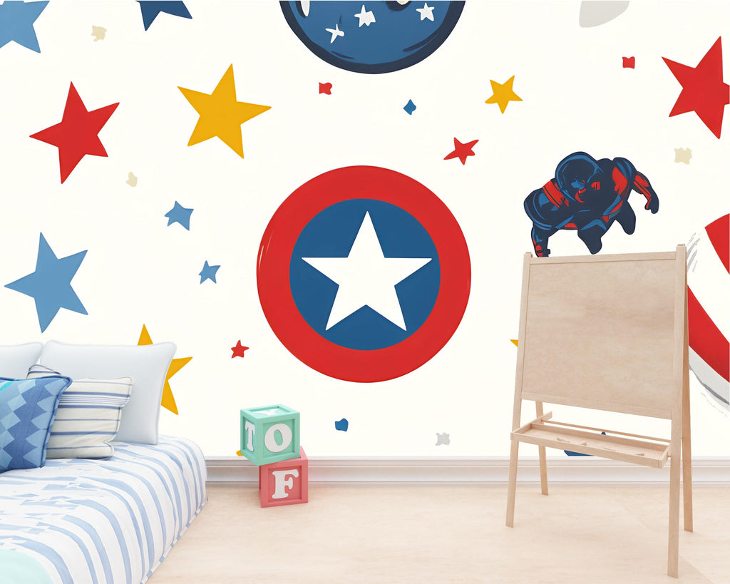 Superhero Nursery Wall Mural – Kids Room Wallpaper – Captain Star Shield Peel and Stick or Traditional Wall Mural – Boys Room Decor – Comic