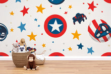 Load image into Gallery viewer, Superhero Nursery Wall Mural – Kids Room Wallpaper – Captain Star Shield Peel and Stick or Traditional Wall Mural – Boys Room Decor – Comic