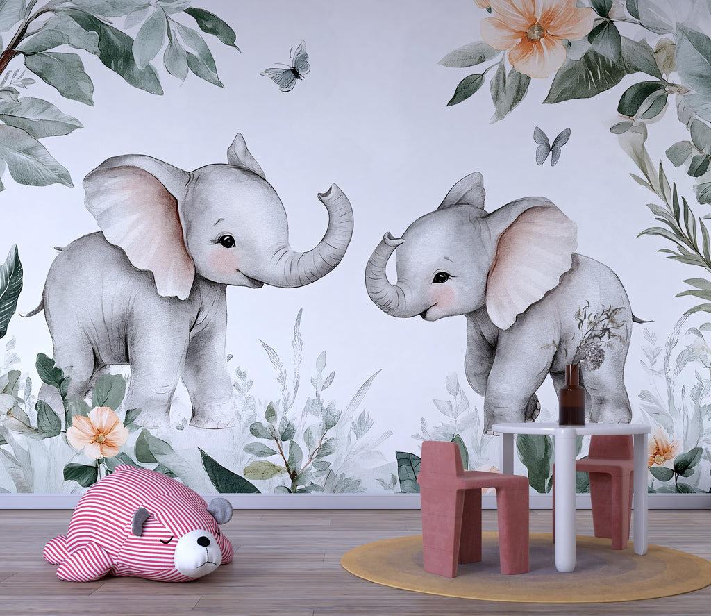 Elephant Nursery Wall Mural – Cute Baby Elephant Wallpaper – Jungle Safari Peel and Stick Wall Art – Nursery Decor – Removable Kids Wall