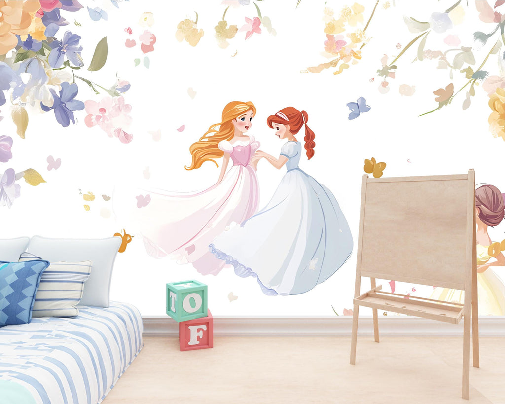 Princess Wall Mural for Girls – Fairy Tale Nursery Wallpaper – Floral Princess Theme – Peel and Stick Removable Mural – Kids Room Decor