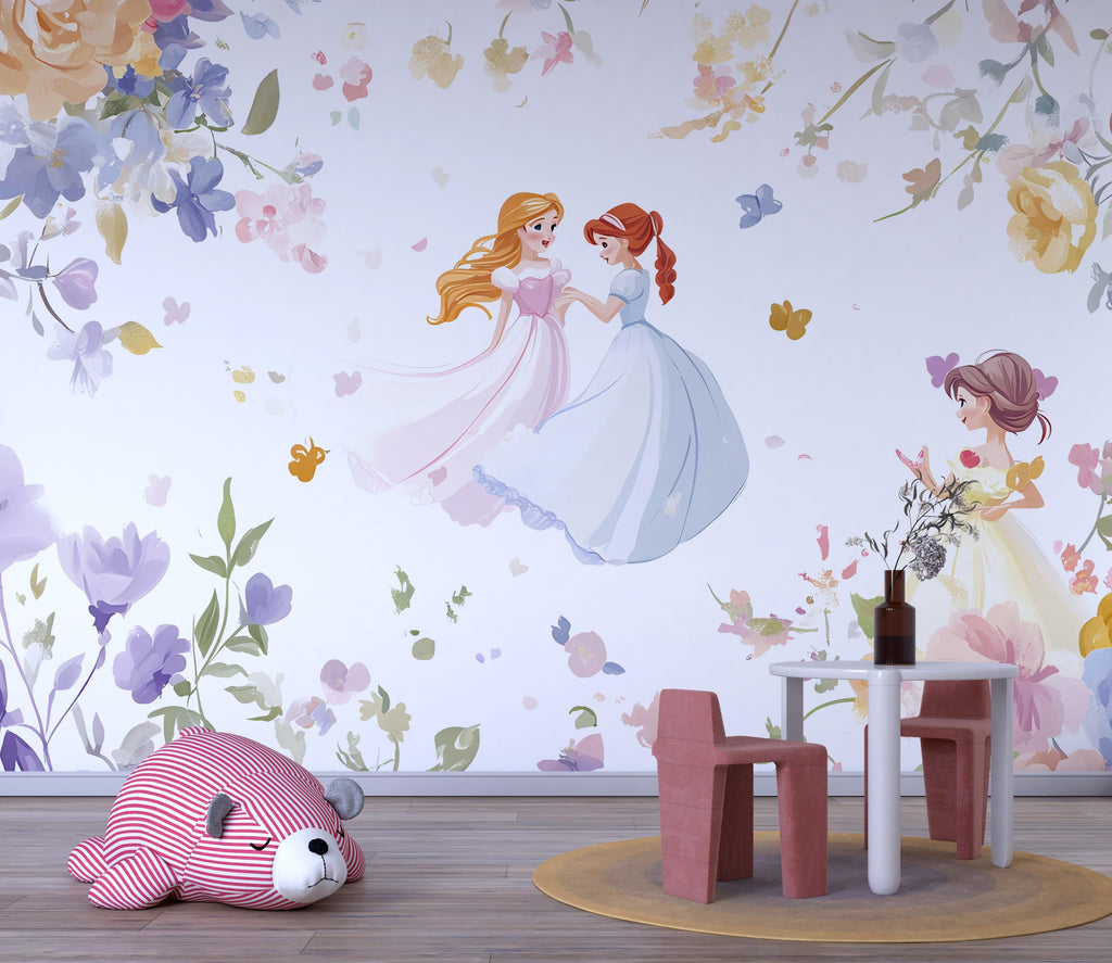 Princess Wall Mural for Girls – Fairy Tale Nursery Wallpaper – Floral Princess Theme – Peel and Stick Removable Mural – Kids Room Decor