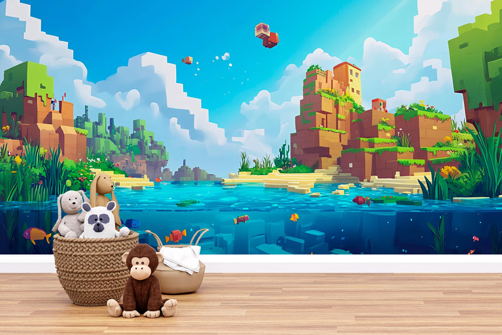 Blocks Ocean Wall Mural for Kids – Pixel Art Adventure Room Decor – Boys Bedroom Wallpaper – Peel and Stick Wall Art
