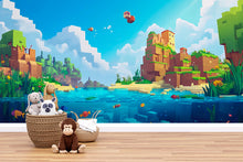 Load image into Gallery viewer, Blocks Ocean Wall Mural for Kids – Pixel Art Adventure Room Decor – Boys Bedroom Wallpaper – Peel and Stick Wall Art