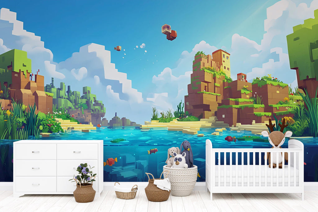 Blocks Ocean Wall Mural for Kids – Pixel Art Adventure Room Decor – Boys Bedroom Wallpaper – Peel and Stick Wall Art