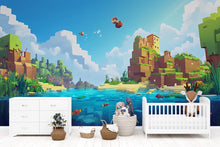 Load image into Gallery viewer, Blocks Ocean Wall Mural for Kids – Pixel Art Adventure Room Decor – Boys Bedroom Wallpaper – Peel and Stick Wall Art