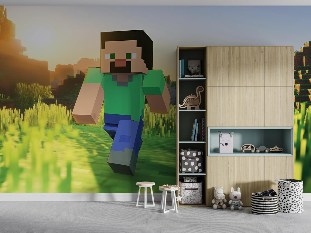 Gaming Character Wall Mural – Steve Adventure Wallpaper – Kids Gaming Room Decor – Pixel Art Peel and Stick Wall Art