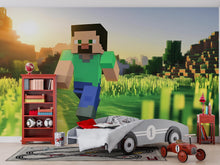 Load image into Gallery viewer, Gaming Character Wall Mural – Steve Adventure Wallpaper – Kids Gaming Room Decor – Pixel Art Peel and Stick Wall Art