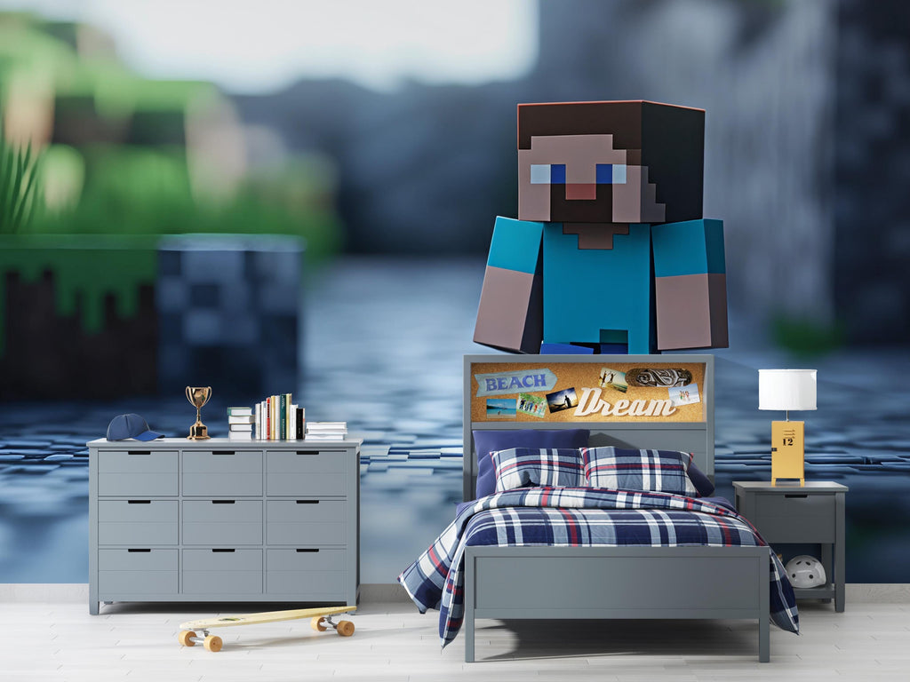 Gaming Bedroom Wall Mural – Steve Pixel Art Wallpaper – Gamer Kids Room Decor – Gaming Theme Peel and Stick Mural