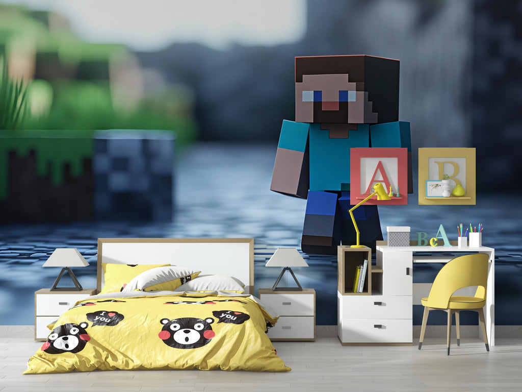 Gaming Bedroom Wall Mural – Steve Pixel Art Wallpaper – Gamer Kids Room Decor – Gaming Theme Peel and Stick Mural
