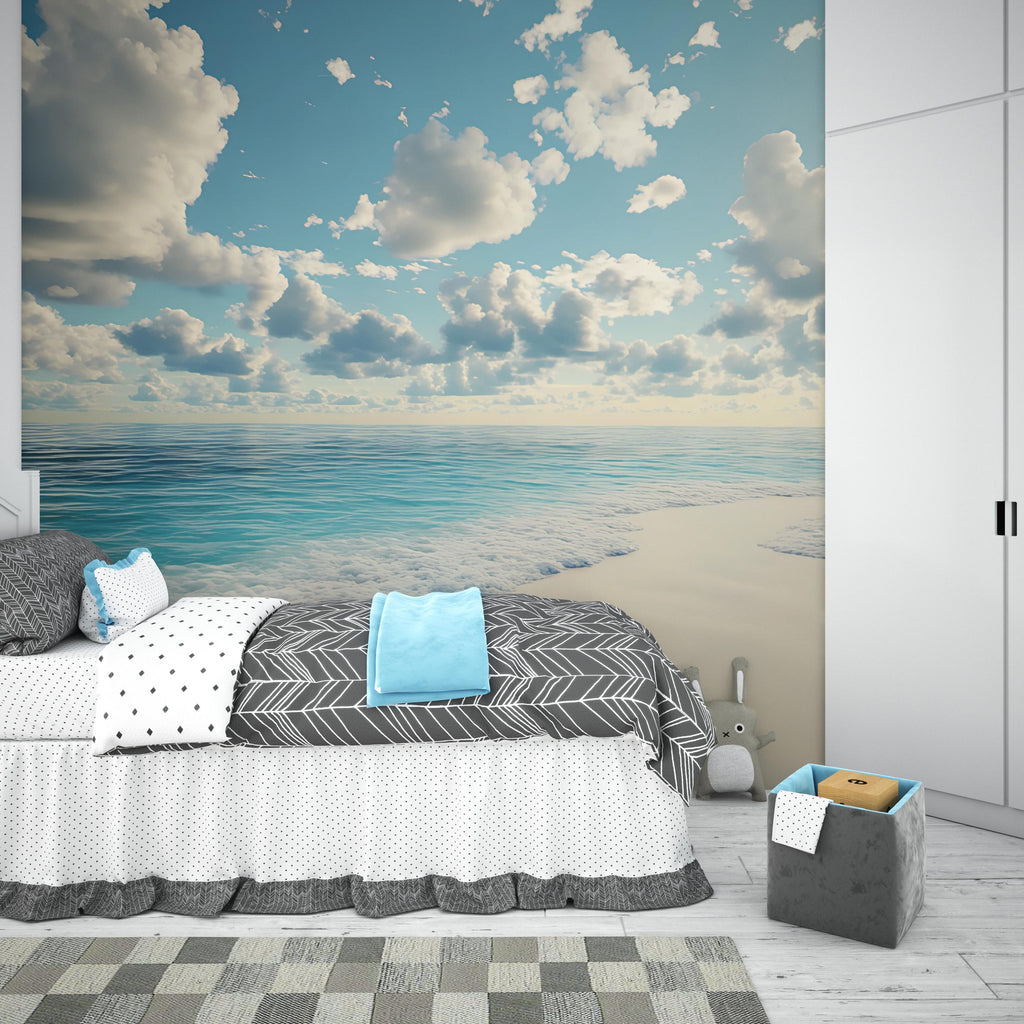 Ocean Beach Wall Mural – Tranquil Sky and Sea Wallpaper – Coastal Bedroom Decor – Beach Horizon Peel and Stick Mural