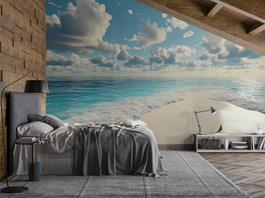 Ocean Beach Wall Mural – Tranquil Sky and Sea Wallpaper – Coastal Bedroom Decor – Beach Horizon Peel and Stick Mural