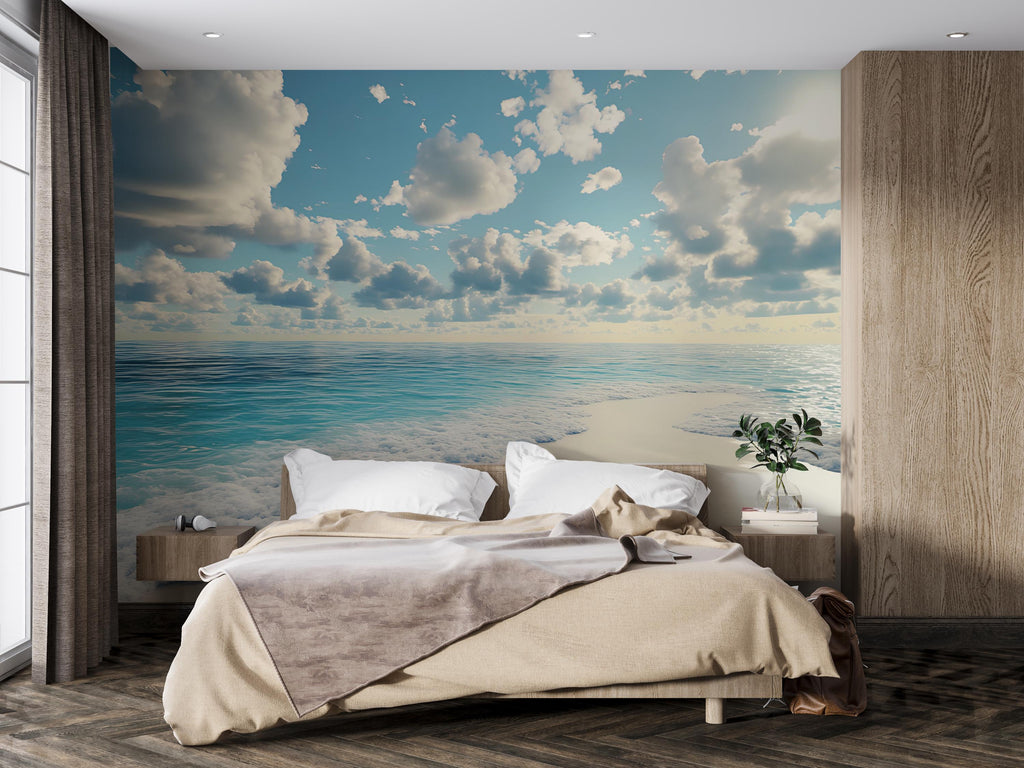Ocean Beach Wall Mural – Tranquil Sky and Sea Wallpaper – Coastal Bedroom Decor – Beach Horizon Peel and Stick Mural