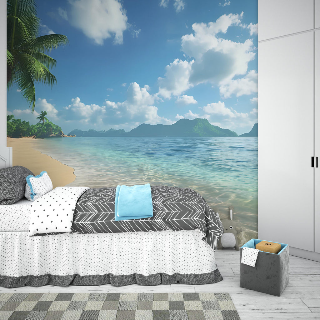Tropical Beach Wall Mural – Island Ocean Wallpaper – Coastal Paradise Bedroom Decor – Seaside Wall Art – Peel and Stick Mural