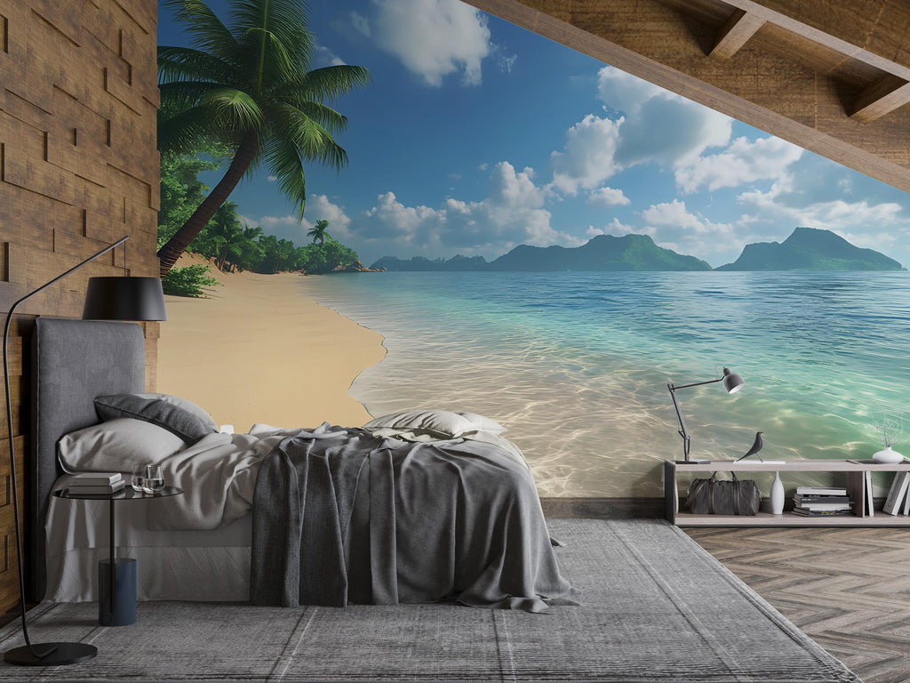 Tropical Beach Wall Mural – Island Ocean Wallpaper – Coastal Paradise Bedroom Decor – Seaside Wall Art – Peel and Stick Mural