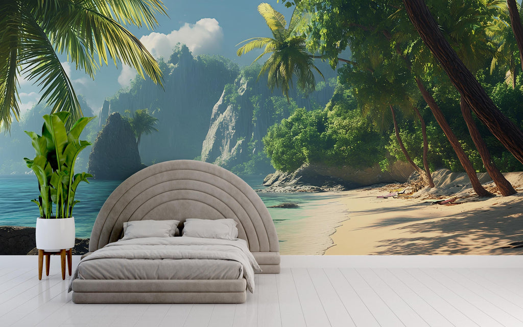 Tropical Jungle Beach Wall Mural – Coastal Rainforest Wallpaper – Paradise Ocean View Mural – Peel and Stick or Traditional Installation