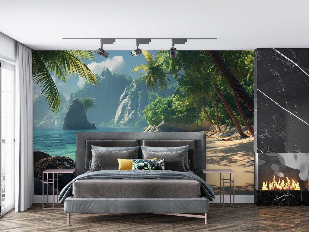 Tropical Jungle Beach Wall Mural – Coastal Rainforest Wallpaper – Paradise Ocean View Mural – Peel and Stick or Traditional Installation