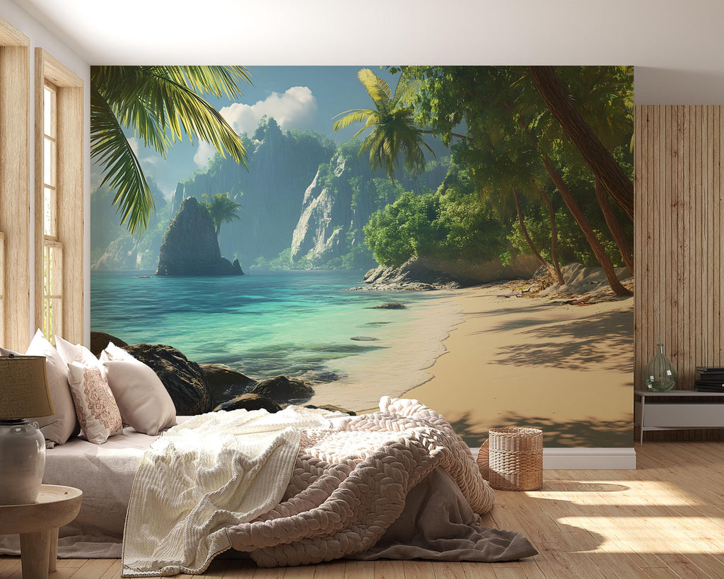 Tropical Jungle Beach Wall Mural – Coastal Rainforest Wallpaper – Paradise Ocean View Mural – Peel and Stick or Traditional Installation