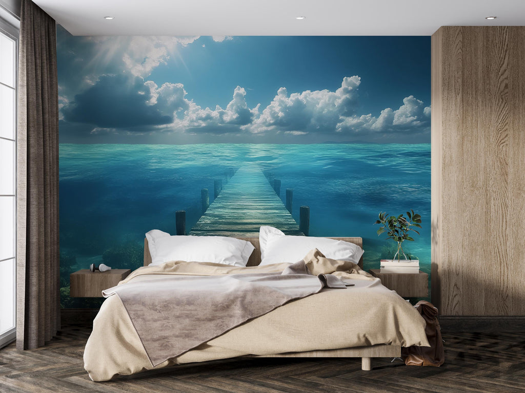 Ocean Dock Wall Mural – Tranquil Pier Wallpaper – Tropical Beach Ocean View Wall Art – Peel and Stick or Traditional Installation